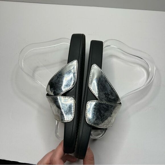 PINK Victoria’s Secret Silver and Black slide on Sandals with Metallic Straps - Picture 5 of 7